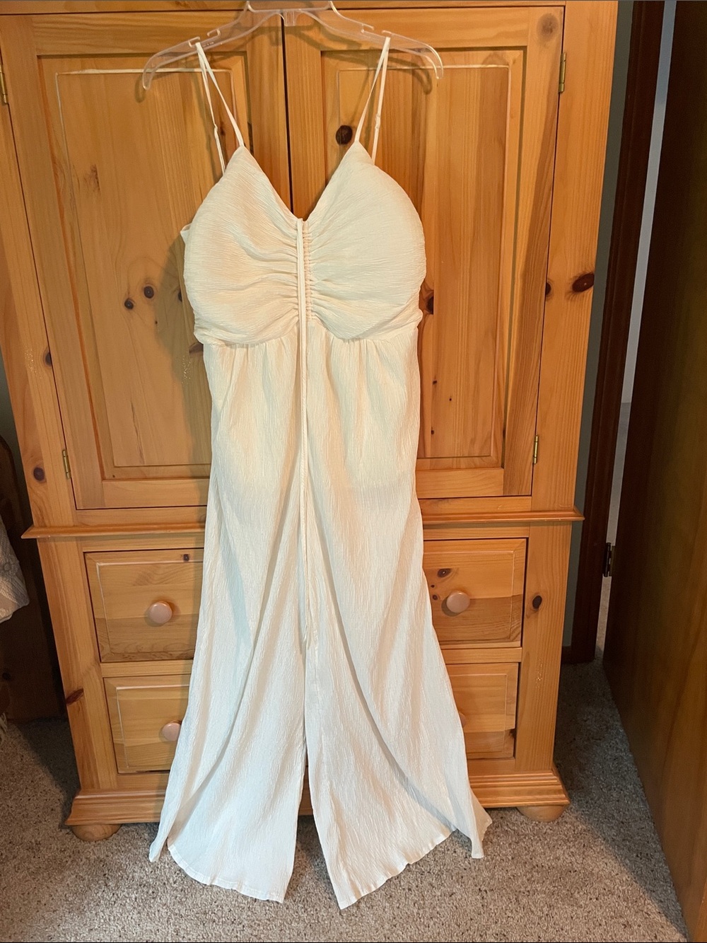 Lumiere cream Textured Spaghetti Strap Jumpsuit